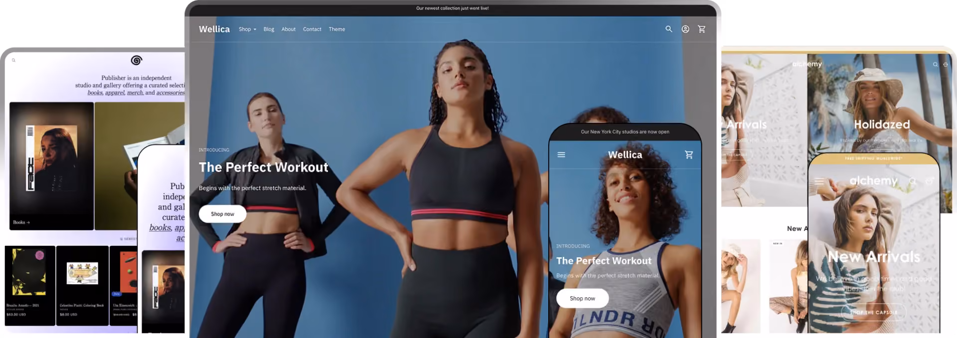 Examples of e-commerce storefronts displayed across desktop and mobile layouts